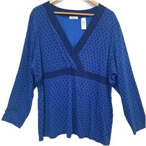 Liz Co Top Woman 3X 100% Cotton Blue Print Long Sleeve Empire Casual Office Work